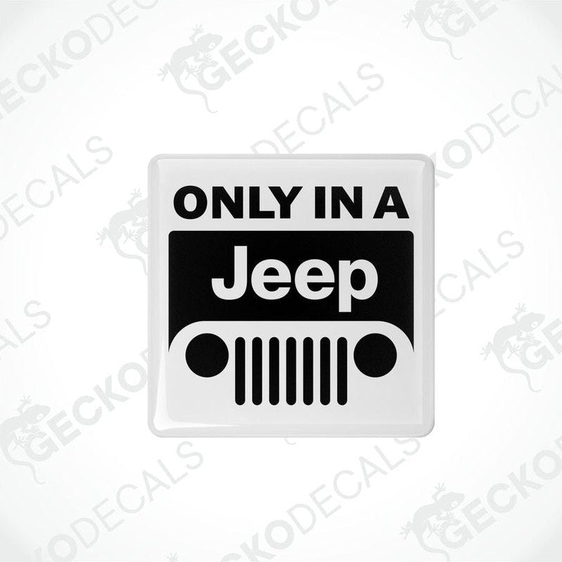 Withe and black vinyl decals with the text 'ONLY IN A JEEP' and a star symbol, intended for use as car stickers.