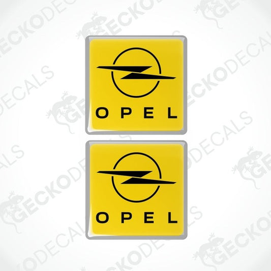 Two yellow Opel logos on a white background with 'Gecko Decals' branding.