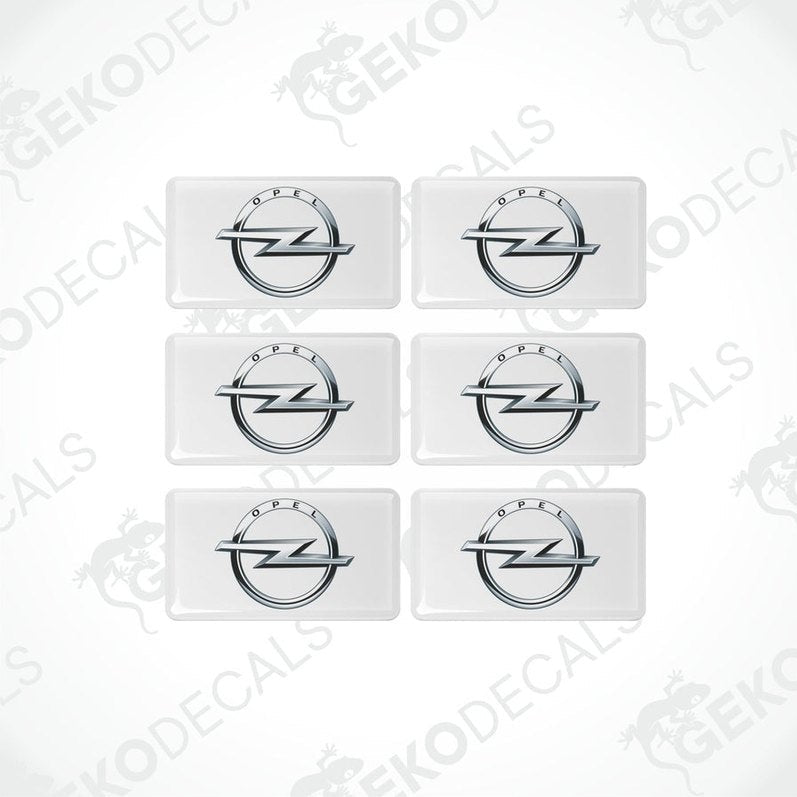 A set of six withe vinyl decals with the Opel logo in silver.
