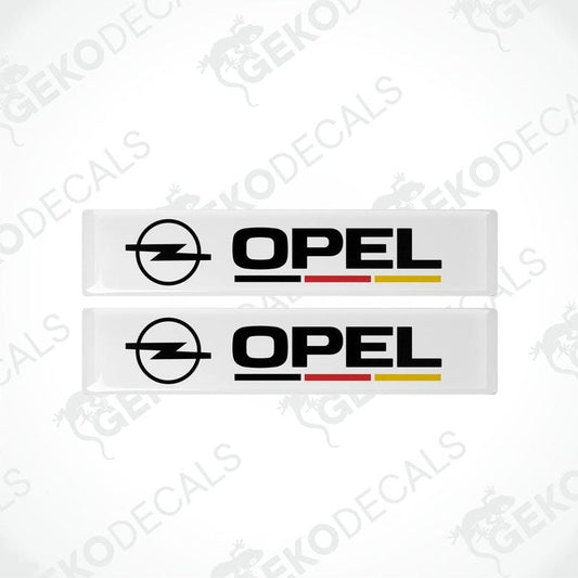 Two white vinyl decals with the Opel logo and a red and yellow stripe.