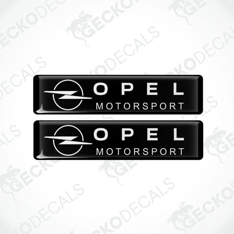 Two Opel Motorsport decals on a white background with 'Gecko Decals' branding.
