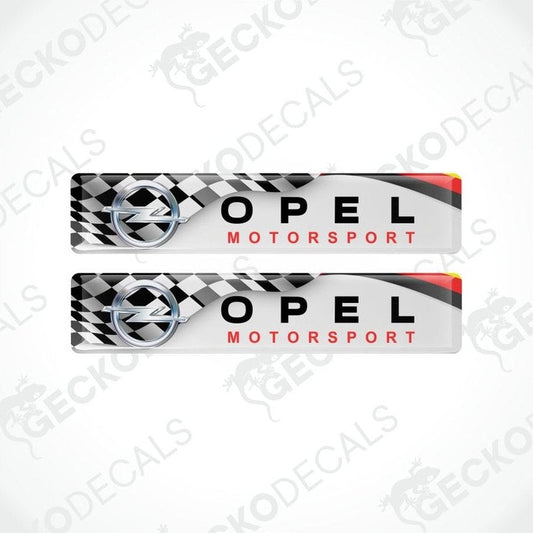 Two Opel Motorsport car decals with checkered pattern on a white background.