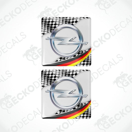 Two Opel logos with German flag design on a white background