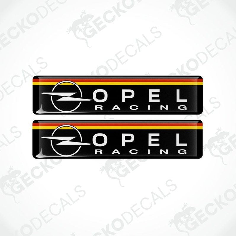 Two Opel Racing decals on a white background with 'Gecko Decals' branding.