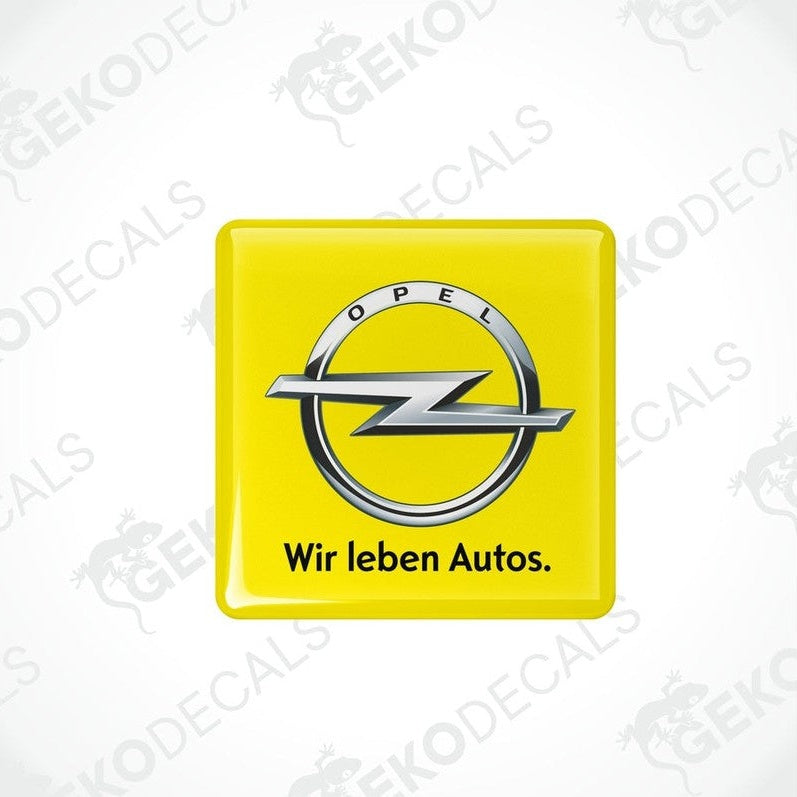 Yellow vinyl stickers with the Opel brand logo and the text 'WIR LEBEN AUTOS'.