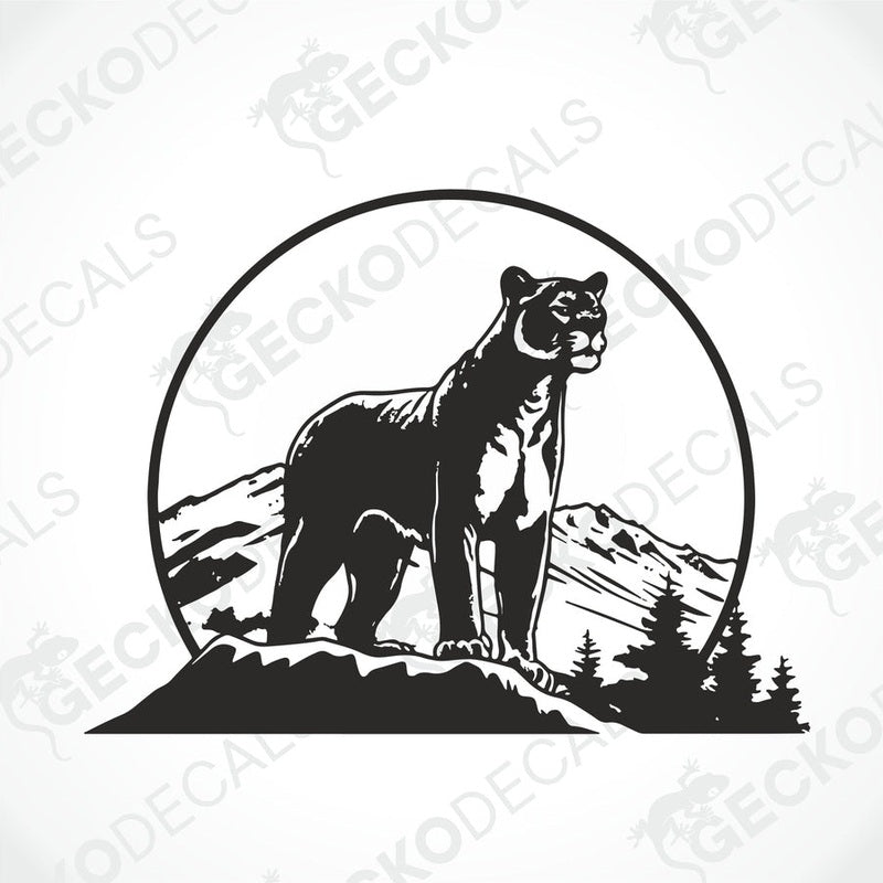 A black decal of a panther in the mountains, designed for use as a car sticker.