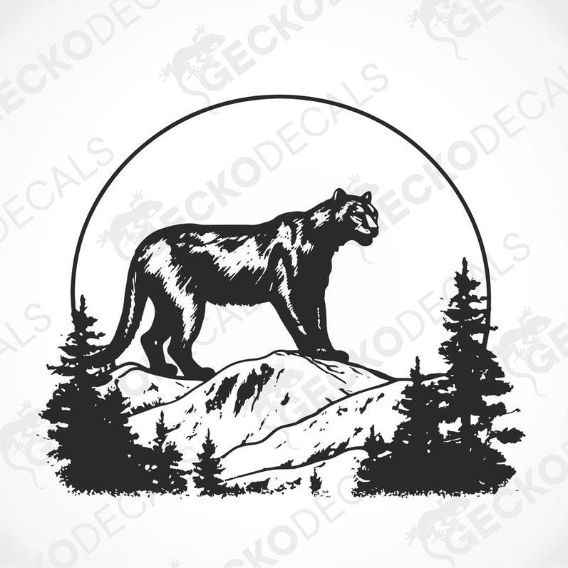 A black die cut decal of a panther in the mountains, positioned on a vehicle.