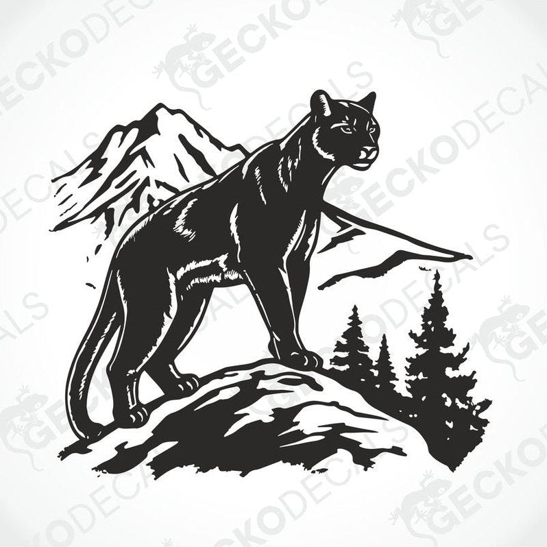 A decal of a black panther mountain scene on a white vehicle.