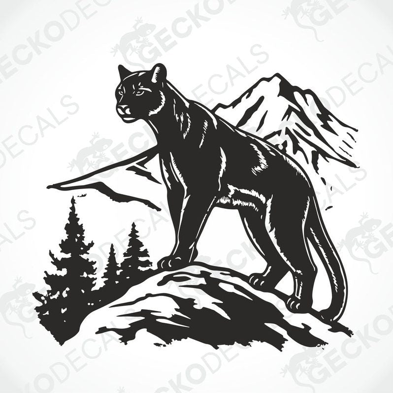 A decal of a black panther mountain scene on a white vehicle.