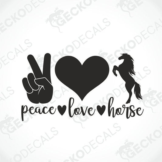A black decal with the text 'PEACE LOVE HORSE' and a graphic of a hand making a peace sign, a heart, and a horse.