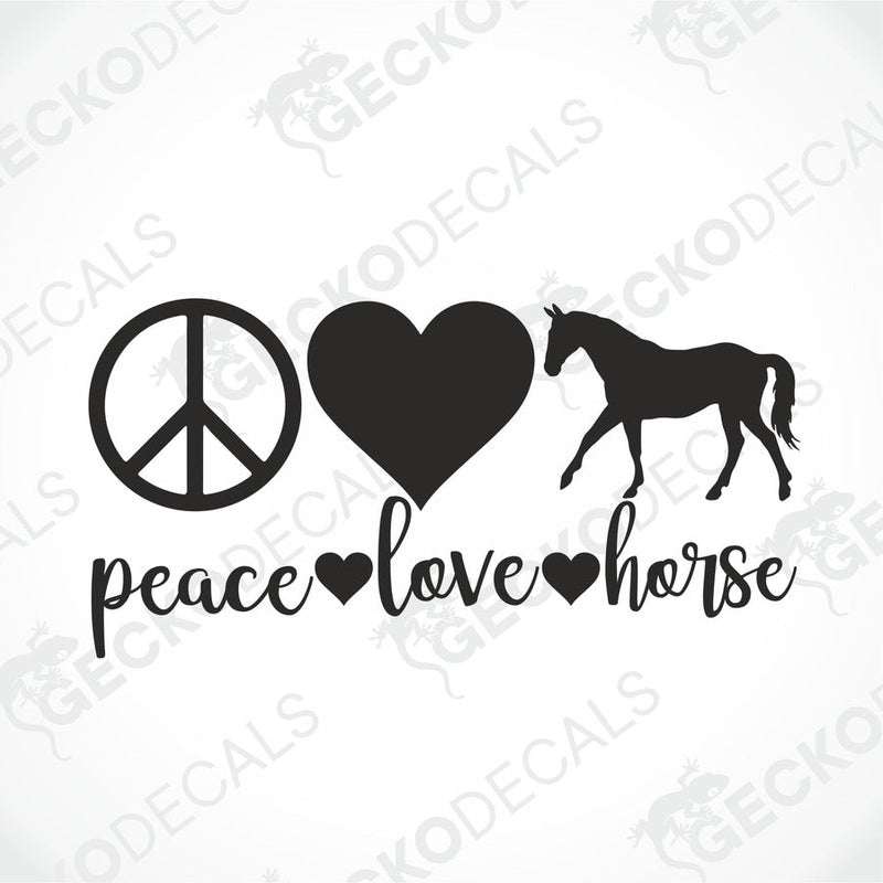 Black die cut decal with peace symbol heart and horse silhouette for truck or car
