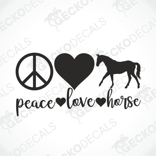 Black die cut decal with peace symbol heart and horse silhouette for truck or car