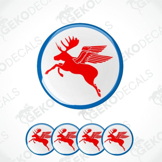 A set of vinyl decals featuring a red moose with wings in the center, surrounded by a blue circle, with additional decals shown in a smaller size.
