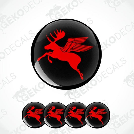 A set of vinyl decals featuring a red moose with wings on a black background. The set includes four decals of different sizes.