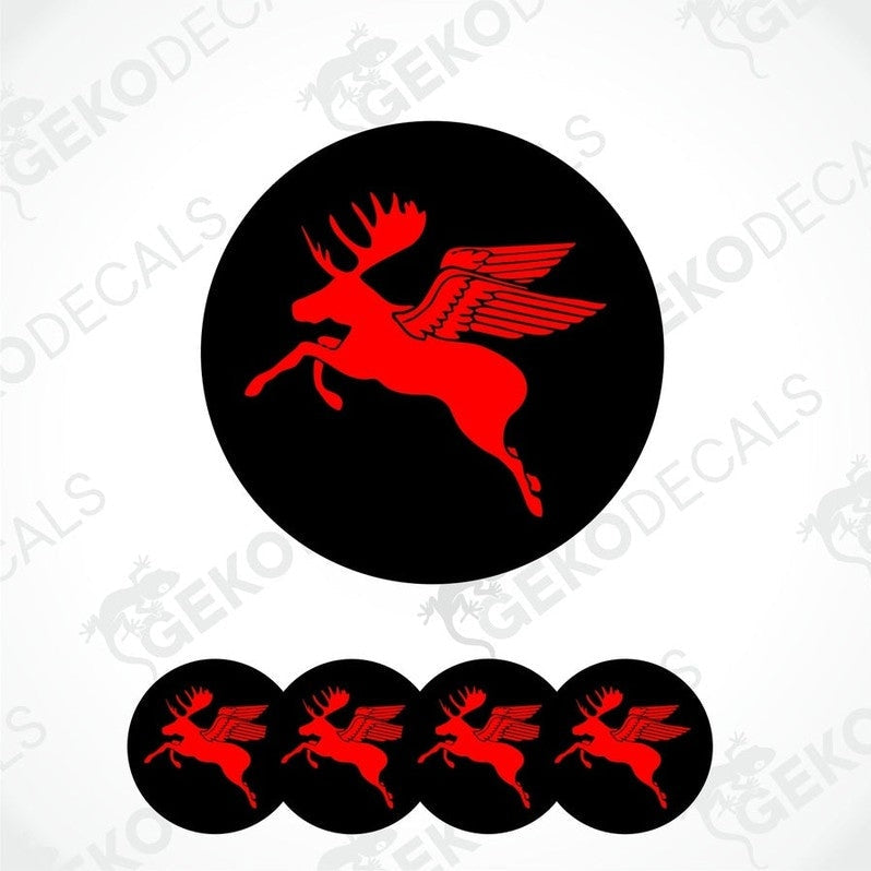 A set of vinyl decals featuring a red moose with wings on a black background. The set includes four decals of different sizes.