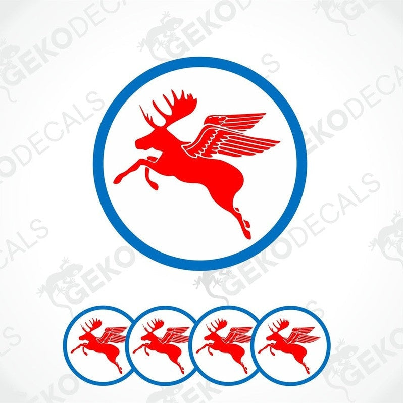 A set of vinyl decals featuring a red moose with wings in the center, surrounded by a blue circle.