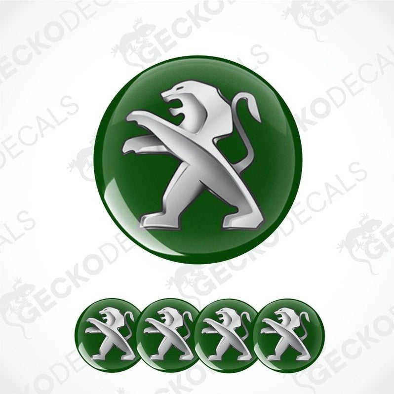 Peugeot logo with green background and five smaller logos below on a white background.
