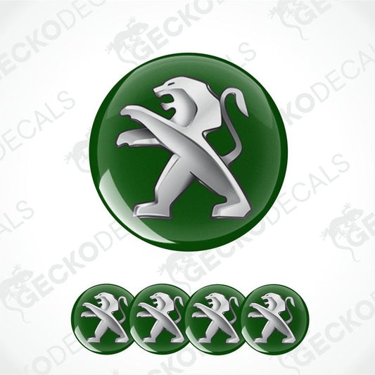 Peugeot logo with green background and five smaller logos below on a white background.