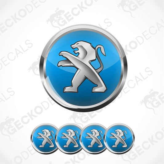three-dimensional blue circle with metallic border, inside a standing metallic lion Peugeot