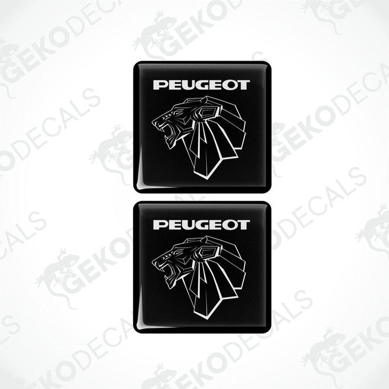 Two black vinyl stickers with a PEUGEOT logo, placed against a white background.
