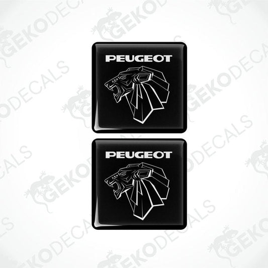 Two black vinyl stickers with a PEUGEOT logo, placed against a white background.