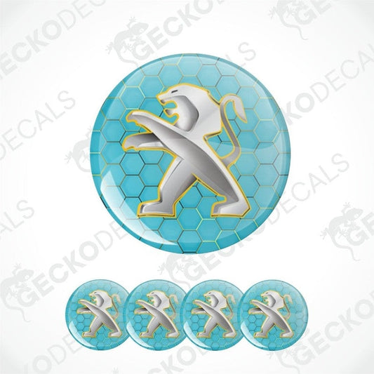 Set of Peugeot logo decal stickers on a white background with 'Gecko Decals' branding.