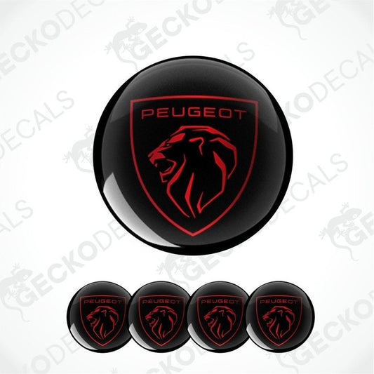 Red Peugeot logo with lion head on black round epoxy decal set