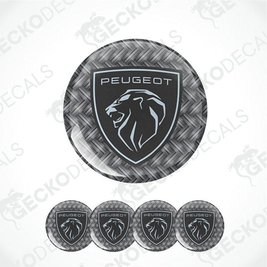Peugeot logo with a textured background and five smaller logos below on a white background.