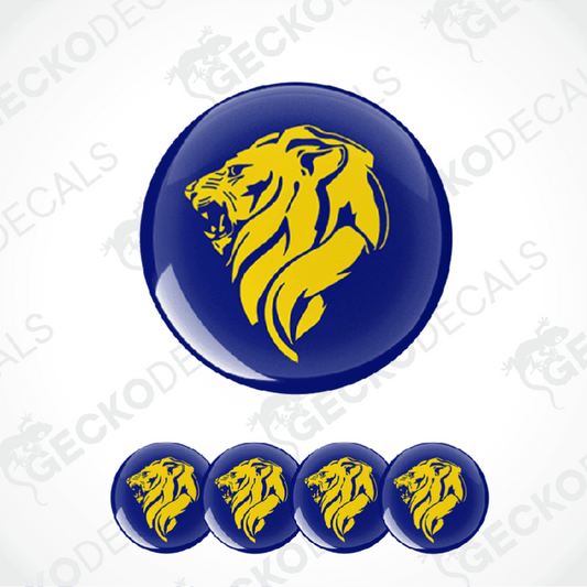 Set of blue and yellow lion head decals on a white background with 'Gecko Decals' branding.