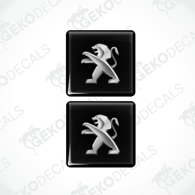 Two black vinyl stickers with a silver Peugeot logo, arranged horizontally.