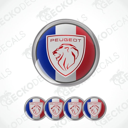 Peugeot logo in red, white, and blue on a gray background