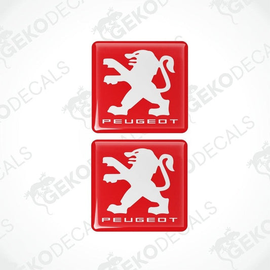 Two red and white vinyl stickers with a Peugeot logo and a lion graphic.