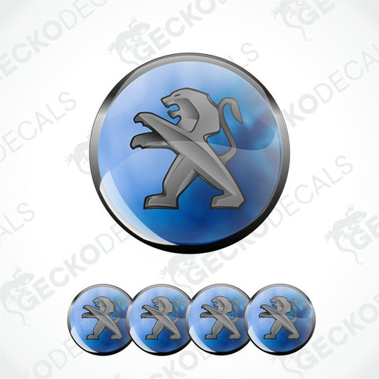 Peugeot logo decal with blue background and silver lion emblem on a white background.