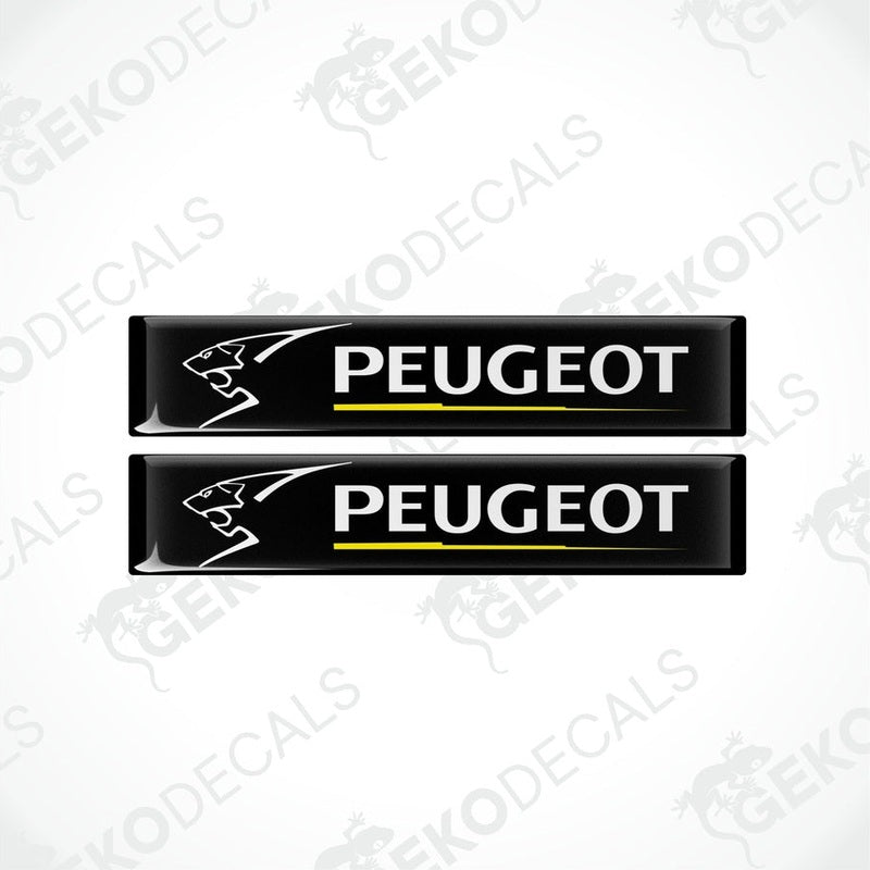 Two black, yellow, and white PEUGEOT branded vinyl decals with a polyurethane coating.
