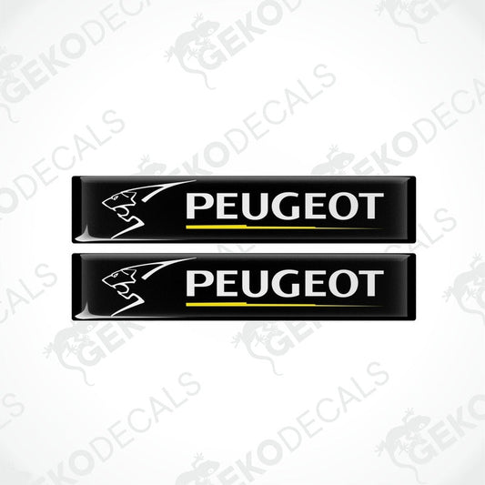 Two black, yellow, and white PEUGEOT branded vinyl decals with a polyurethane coating.