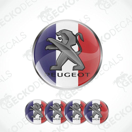 three-dimensional with a metallic edge inside, the colors of the French flag, with a standing lion of Peugeot on top