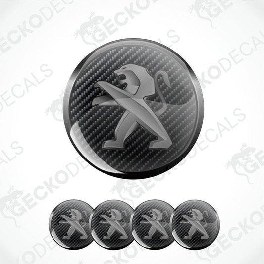 Carbon fiber patterned Peugeot logo decal on a white background