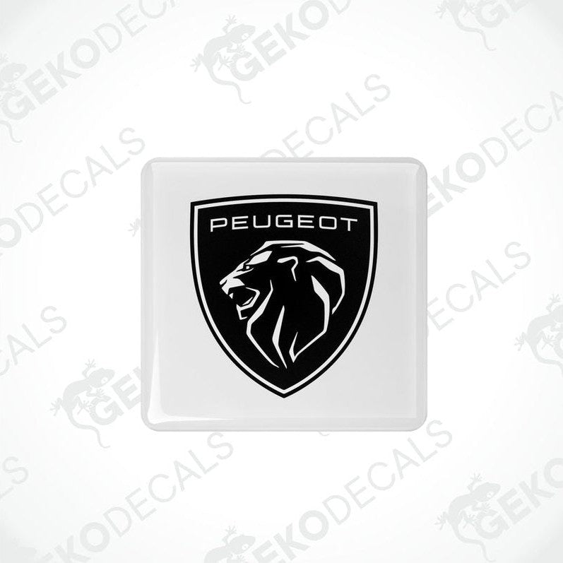  White vinyl stickers with a black Peugeot logo and a lion graphic.