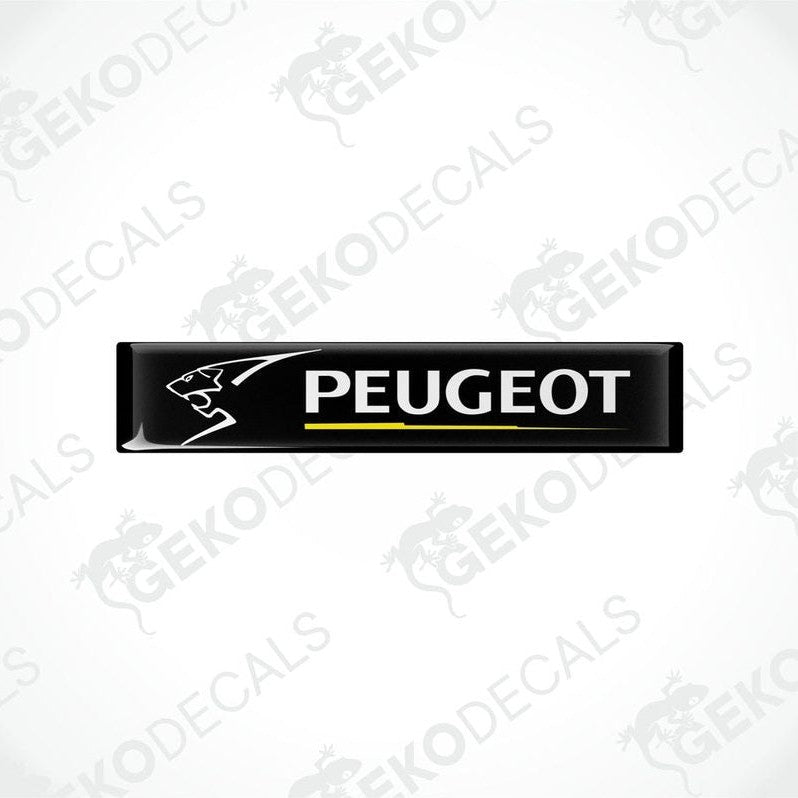 Black, yellow, and white PEUGEOT branded vinyl decals with a polyurethane coating.