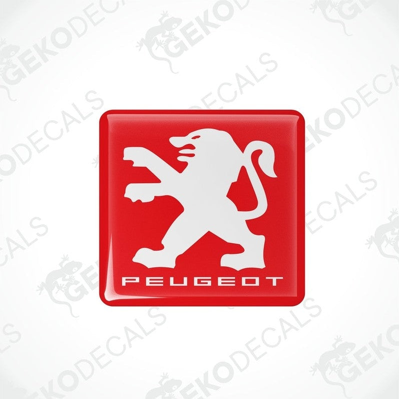 Red and white vinyl stickers with a Peugeot logo and a lion graphic.