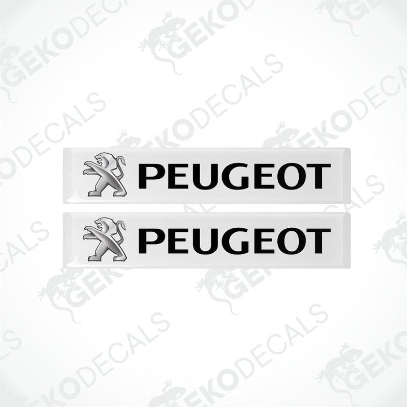 Two rectangular withe vinyl decals with the PEUGEOT logo in black.