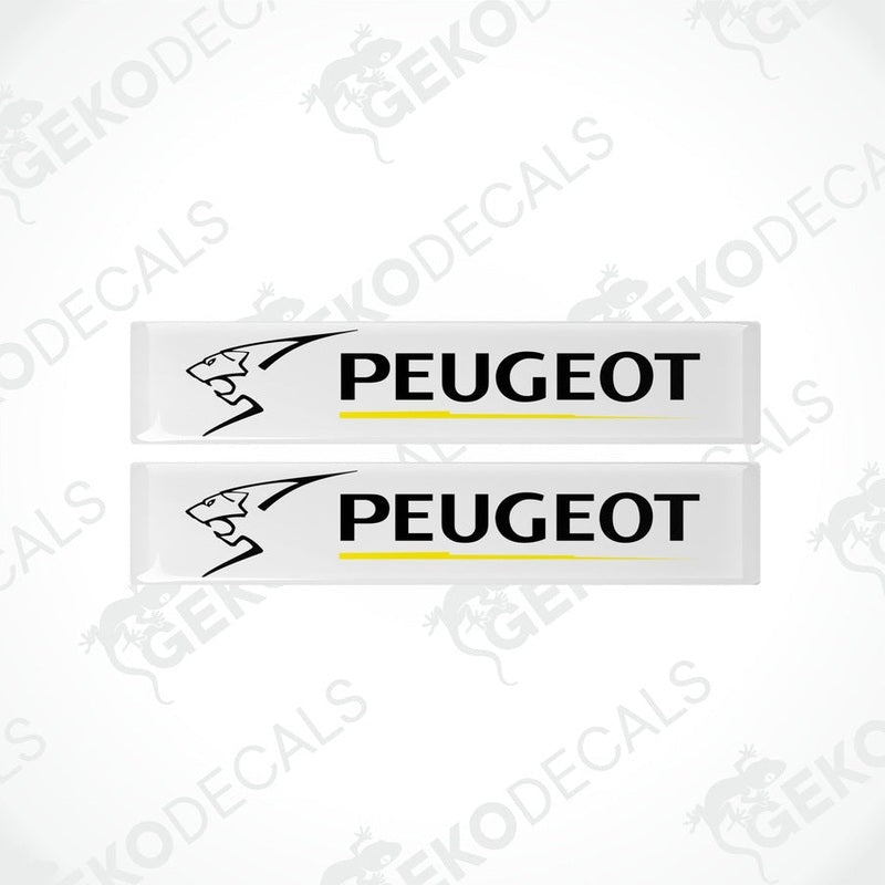 Two withe, yellow, and black PEUGEOT branded vinyl decals with a polyurethane coating.