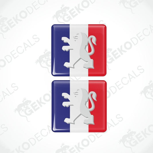 A set of two vinyl stickers with a peugeot France theme, featuring a lion emblem in red, white, and blue colors.