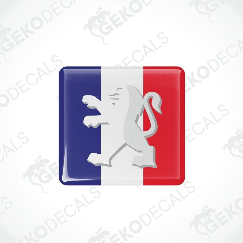 Vinyl stickers with a peugeot France theme, featuring a lion emblem in red, white, and blue colors.