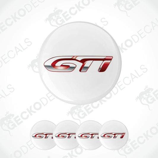 Set of white circular decals with red and black 'GTI' logo on a white background.