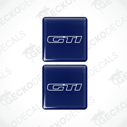 Two blue GTI logo stickers on a white background with 'GECKODECALS' branding.