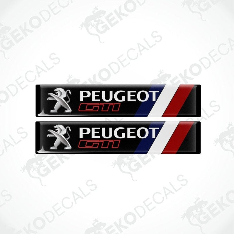A set of two PEUGEOT GTI vinyl stickers with a black, red, white, and blue color scheme.