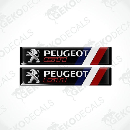A set of two PEUGEOT GTI vinyl stickers with a black, red, white, and blue color scheme.