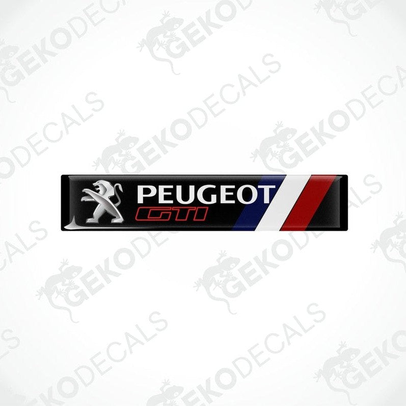  PEUGEOT GTI vinyl stickers with a black, red, white, and blue color scheme.