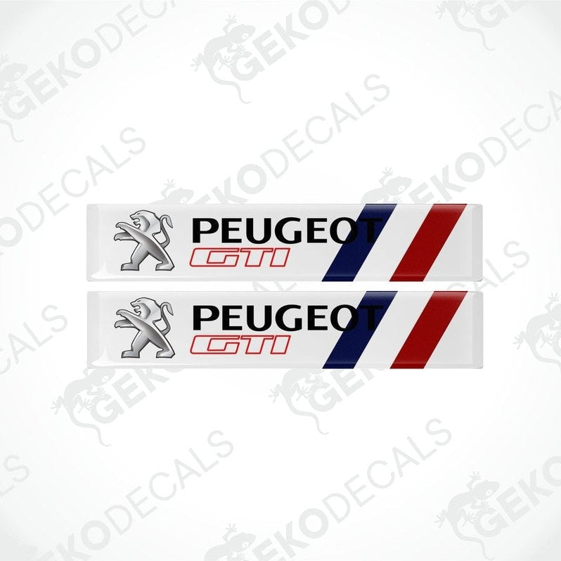 A set of two PEUGEOT GTI vinyl stickers with a withe, red, black, and blue color scheme.